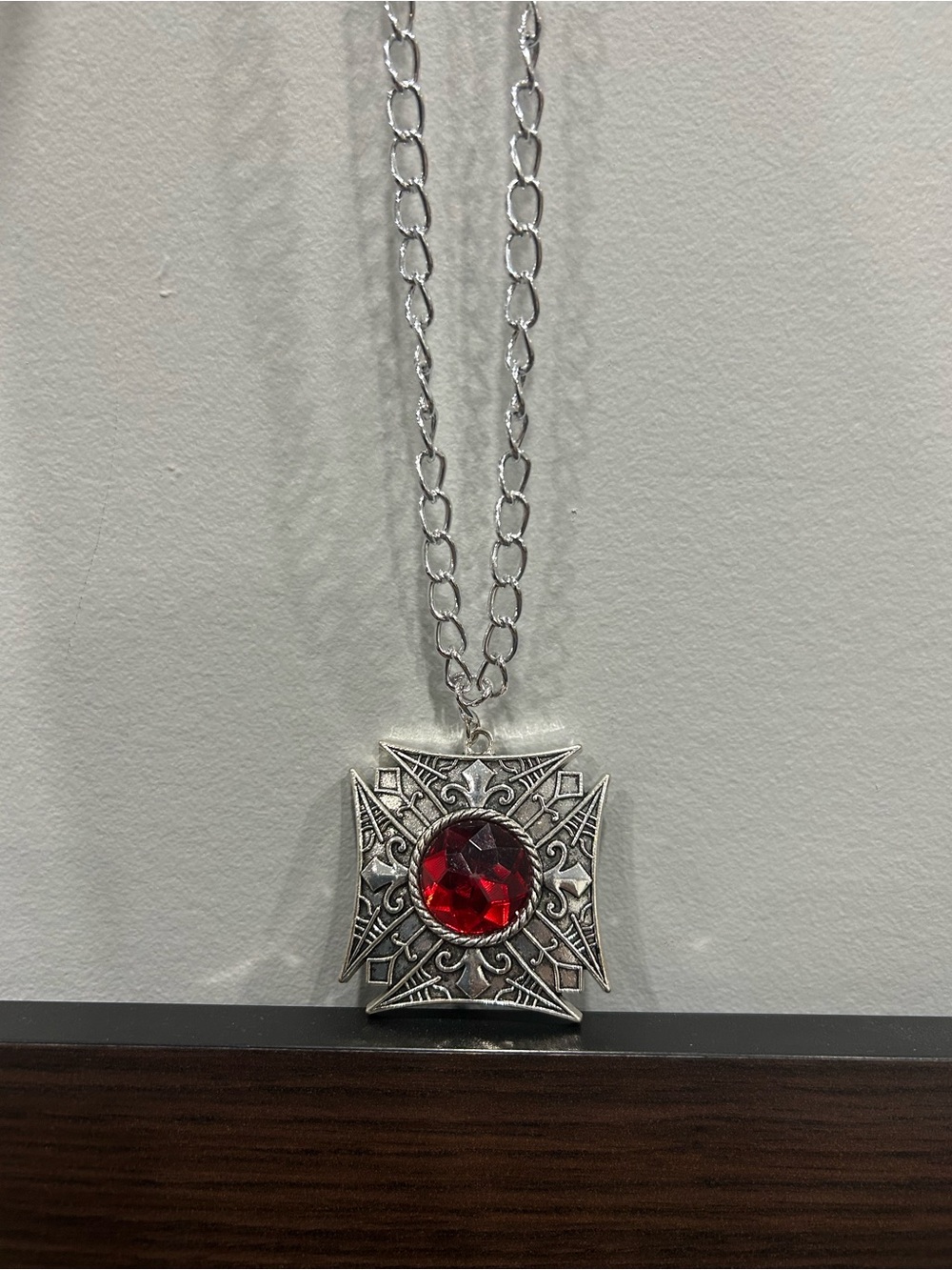 Silver Necklace with Red Gemstone Pendant Costume Jewelry